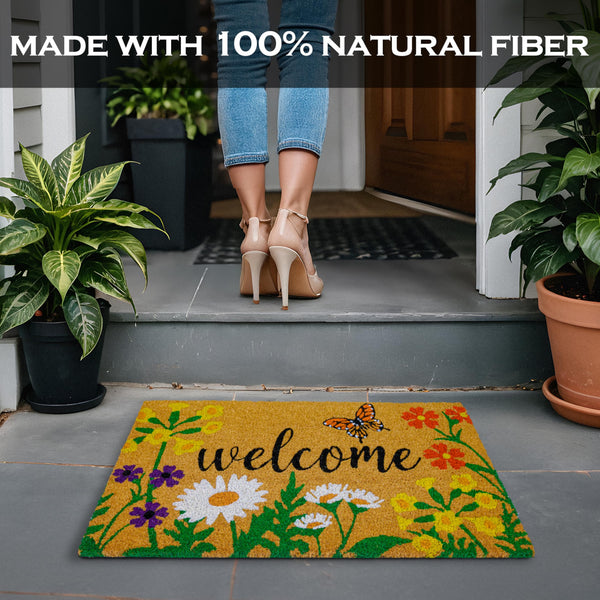 MAINEVENT Floral Design Coir Doormat 30x17 Inch Spring Flowers Garden Summer Mats