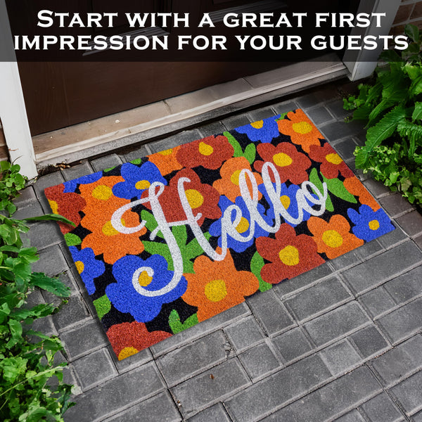 MAINEVENT Hello with Floral Background Design Coir Doormat 30x17 Inch Spring Flowers Garden Summer Mats