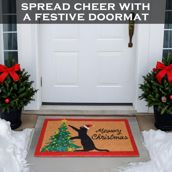 MAINEVENT Meowy Christmas Doormat 30x17 Inch, Cat Christmas Doormat, Outdoor Christmas Cat Door Mat, Christmas Cat Doormat Black Cat Doormat