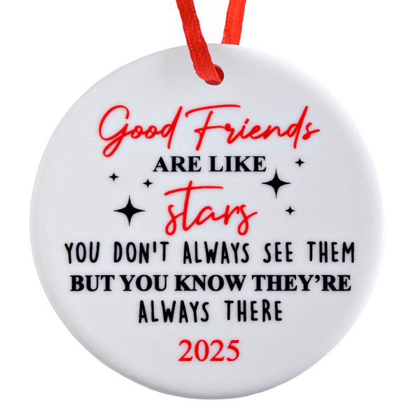 Round white ornament with red and black text on a white background