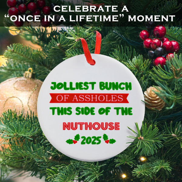 Christmas ornament with humorous text on a decorated tree