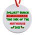 Round white ornament with humorous text and red ribbon on a white background