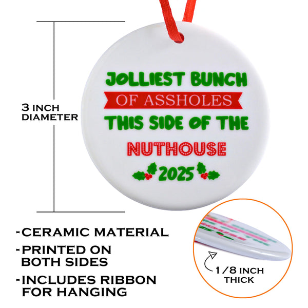 Ceramic ornament with humorous text and measurements on a white background