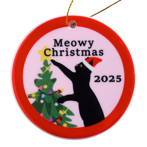 Circular Christmas ornament with a black cat, Christmas tree, and 'Meowy Christmas 2025' text on a white background.