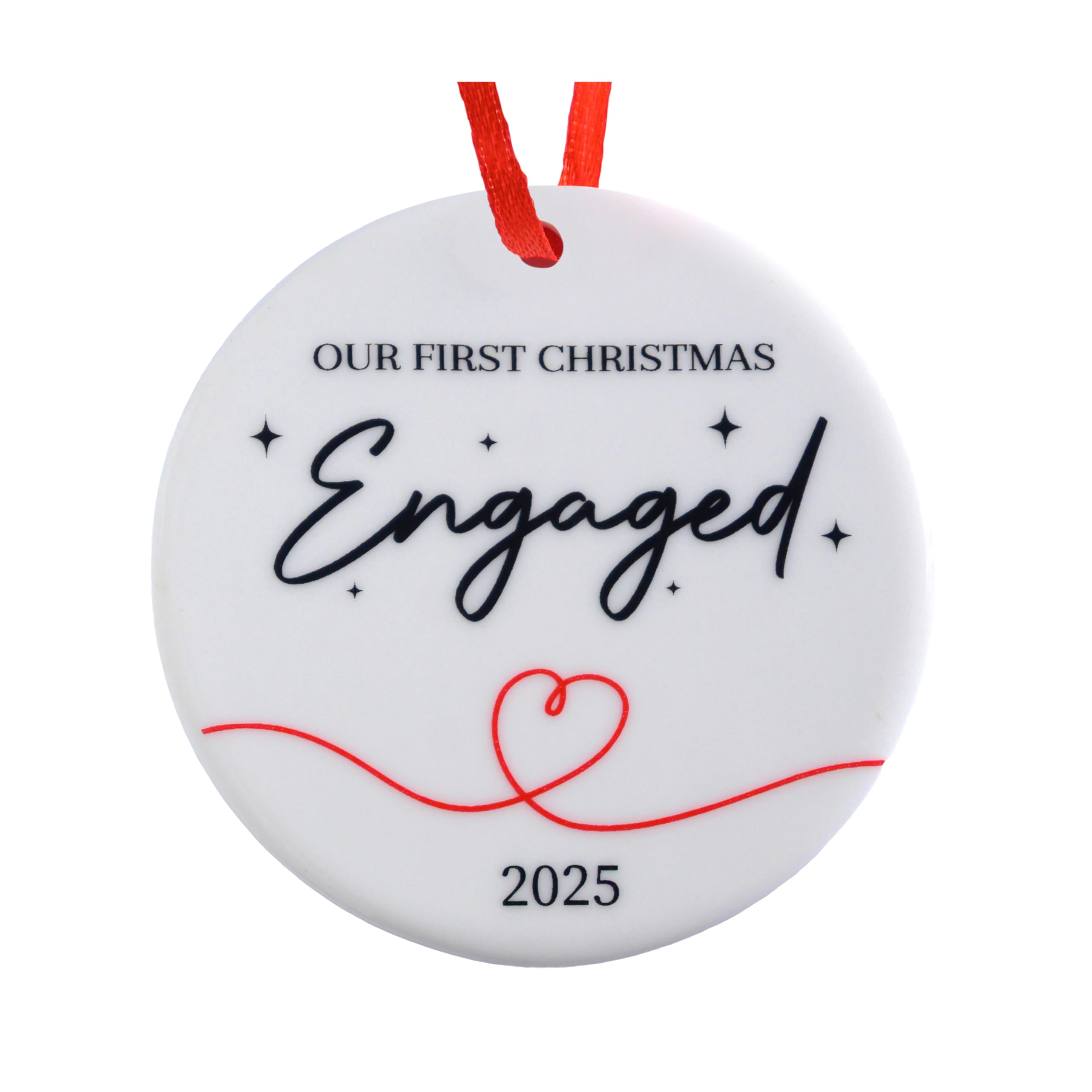 Round ornament with 'Our First Christmas Engaged 2025' text on a white background