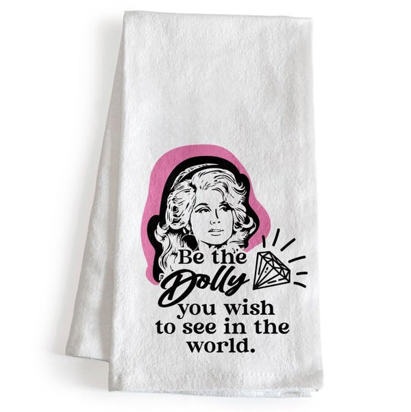 White towel with Dolly Parton graphic and text on a white background