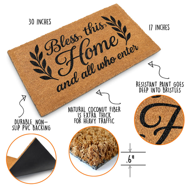 Doormat with 'Bless this Home and all who enter' text, featuring measurements and material details.