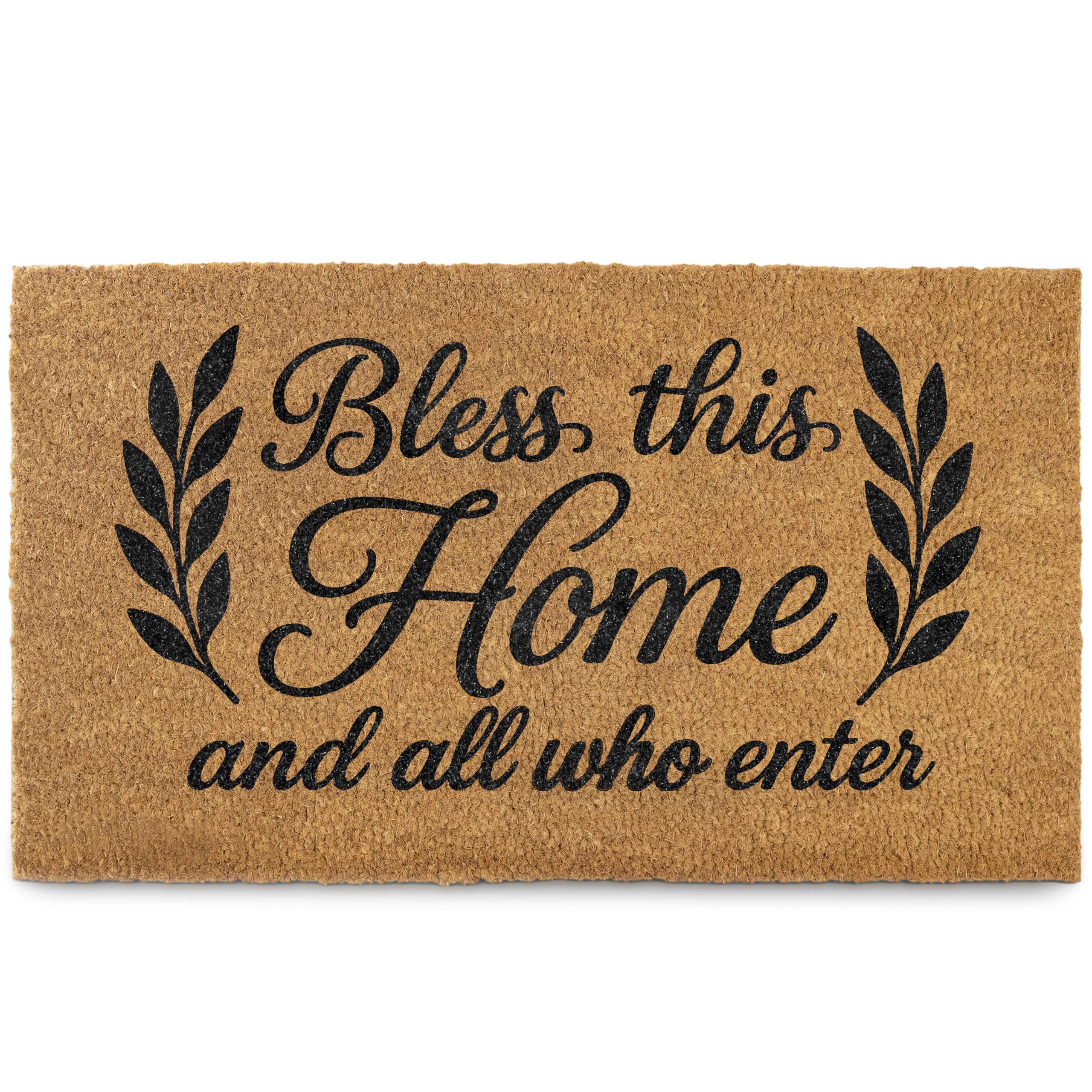 Doormat with 'Bless this Home and all who enter' text on a white background