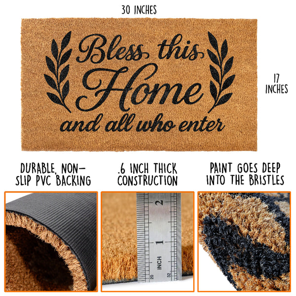 Doormat with 'Bless this Home and all who enter' text, measurements, and material details.