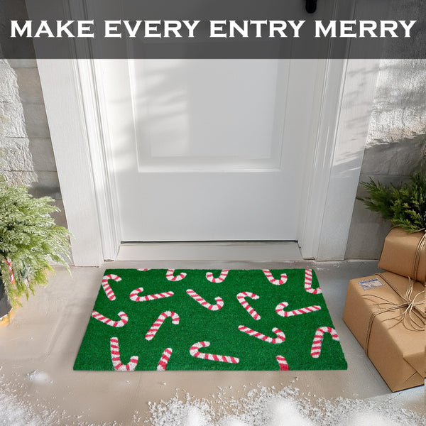 candy cane green coir door mat rug 