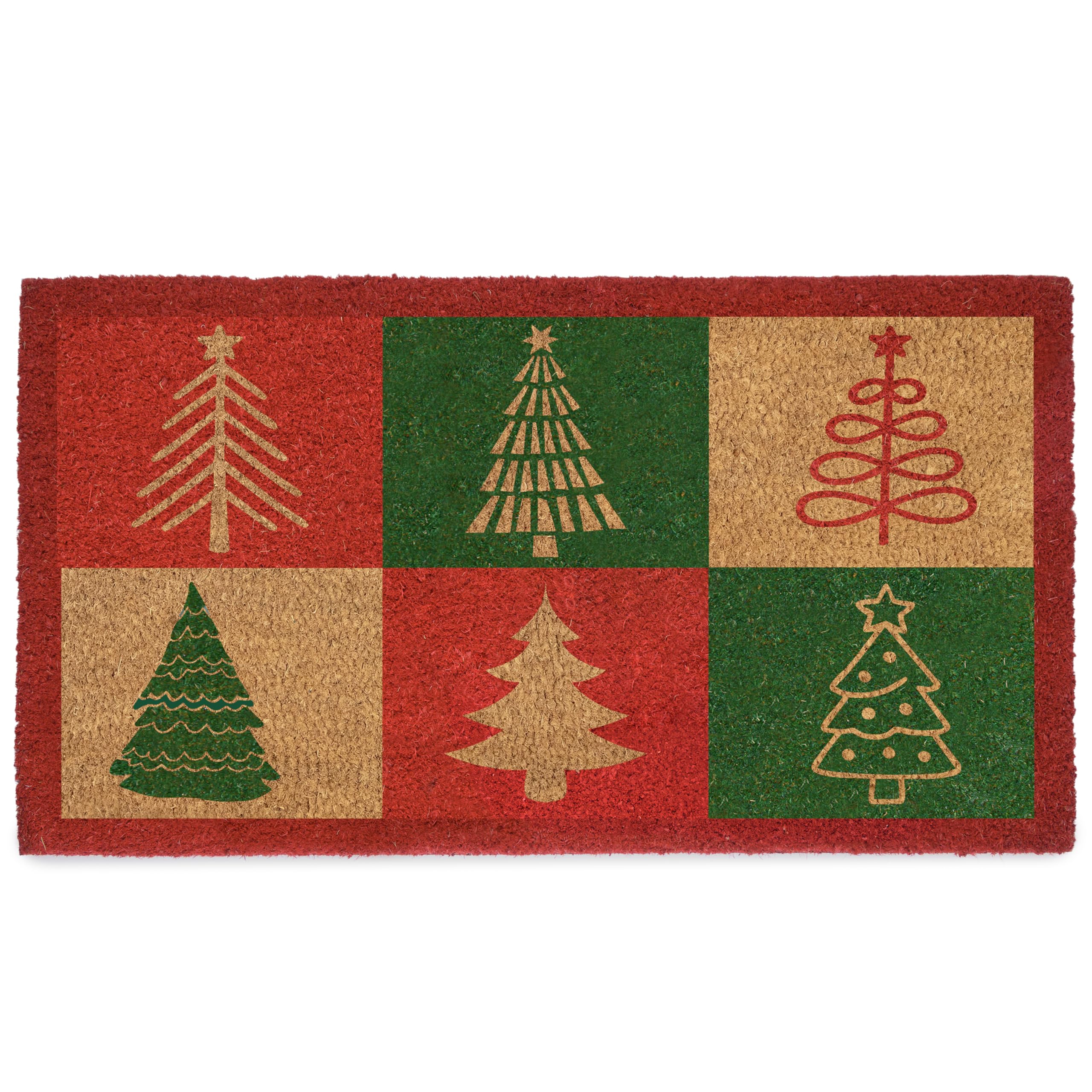 Rectangular doormat with Christmas tree designs on a white background
