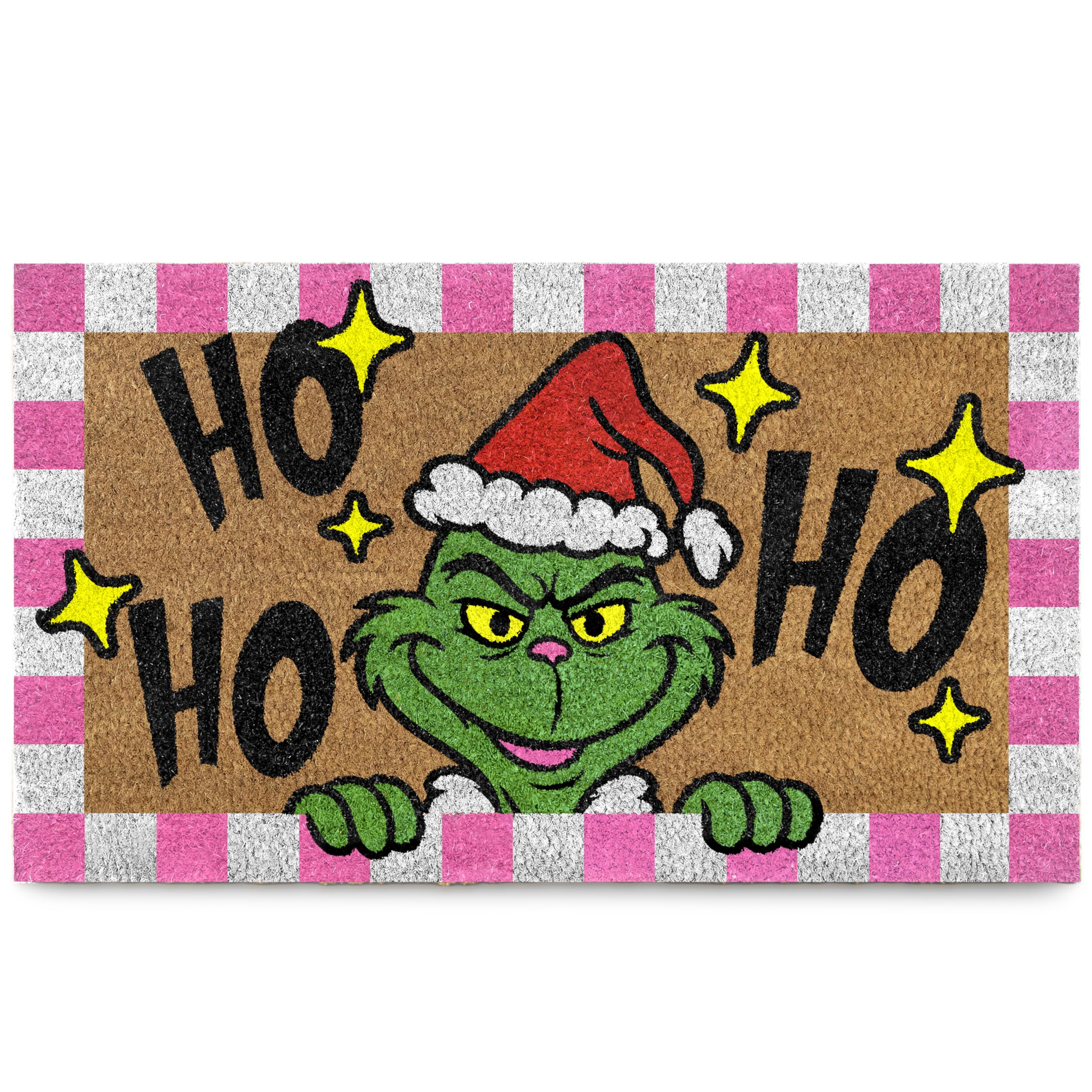 Doormat with Grinch face wearing a Santa hat and 'Ho Ho Ho' text on a pink and white checkered border.
