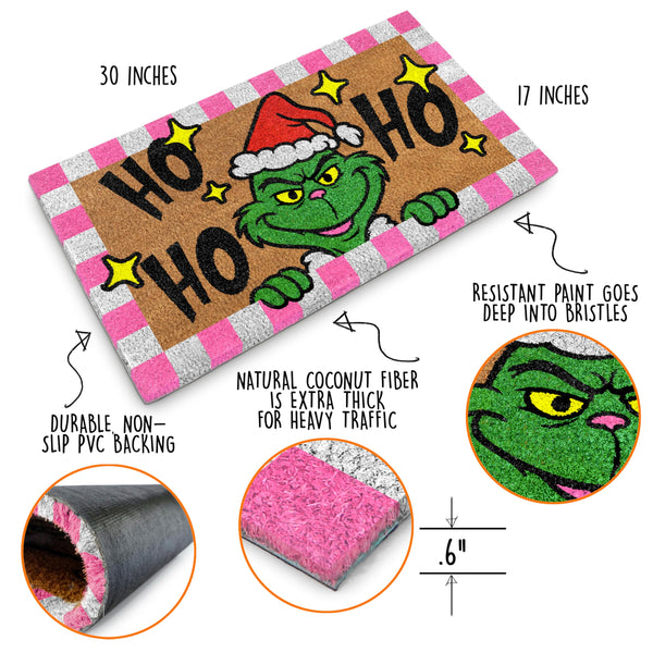 Christmas-themed doormat with Grinch design, measurements, and material details.