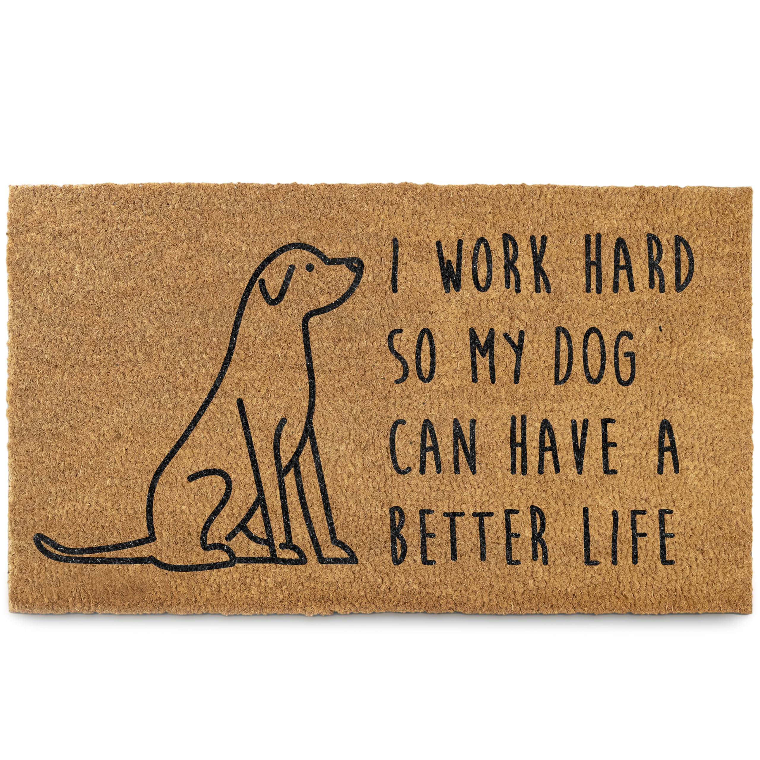 Doormat with a dog illustration and text on a white background