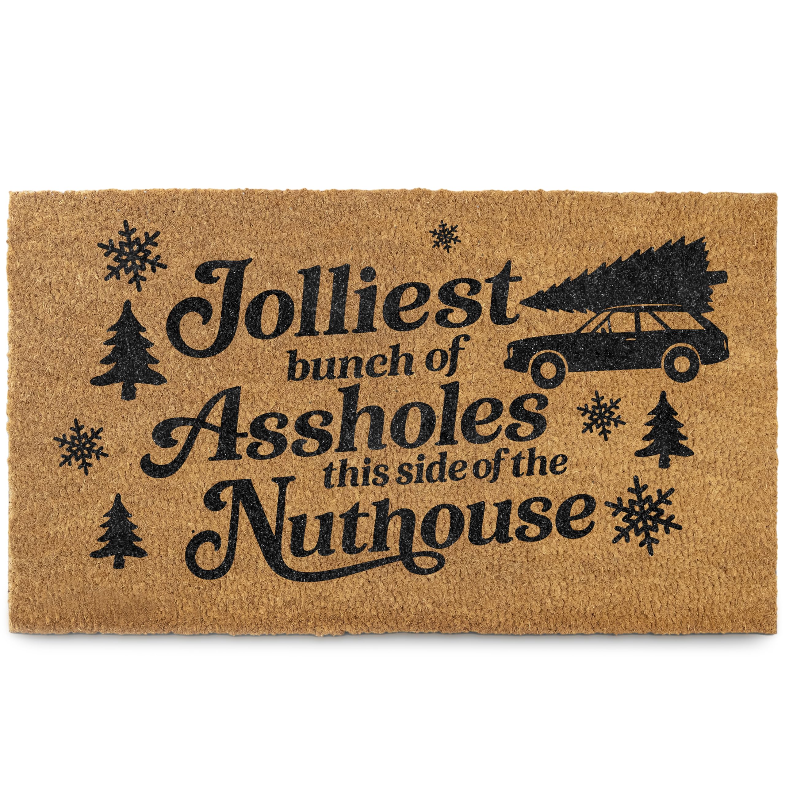 Doormat with humorous text and graphics on a white background