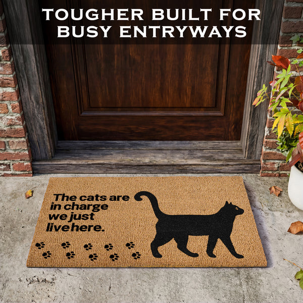 The Cats Are in Charge Coir Doormat Outdoor 30x17 Inch, Cat-Lover Themed Gift Decor