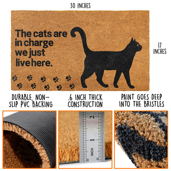 The Cats Are in Charge Coir Doormat Outdoor 30x17 Inch, Cat-Lover Themed Gift Decor