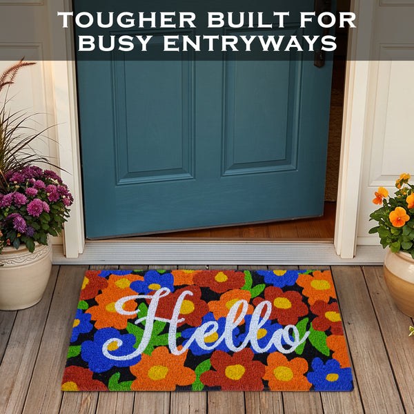 Hello with Floral Pattern Coir Doormat 30x17 Inch Spring Flowers Summer Mats Outdoor