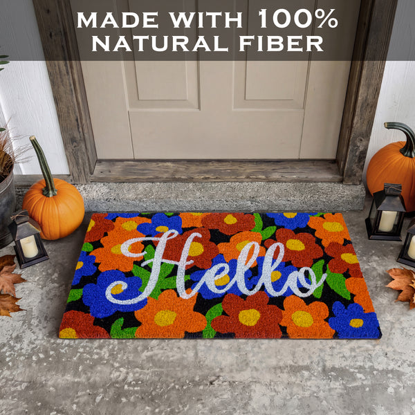 Hello with Floral Pattern Coir Doormat 30x17 Inch Spring Flowers Summer Mats Outdoor