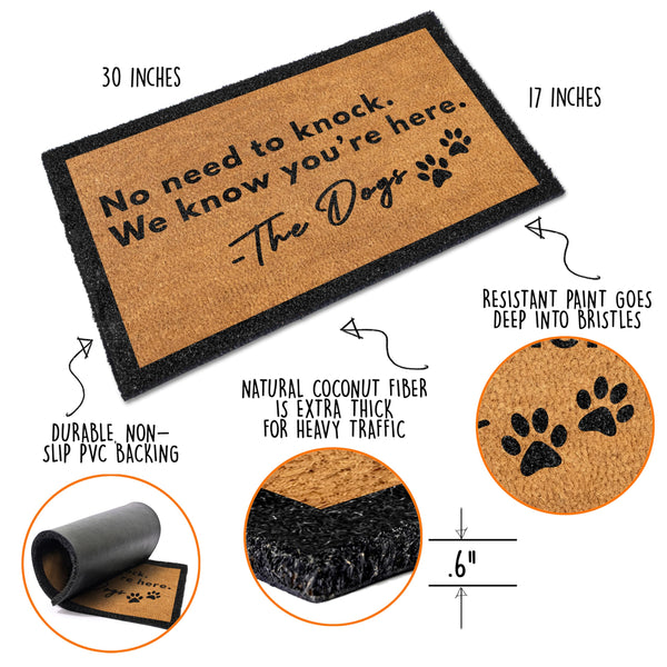 Doormat with text and paw prints, featuring details about its features.