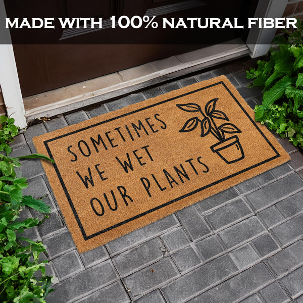 Doormat with humorous plant-themed text on a stone pathway