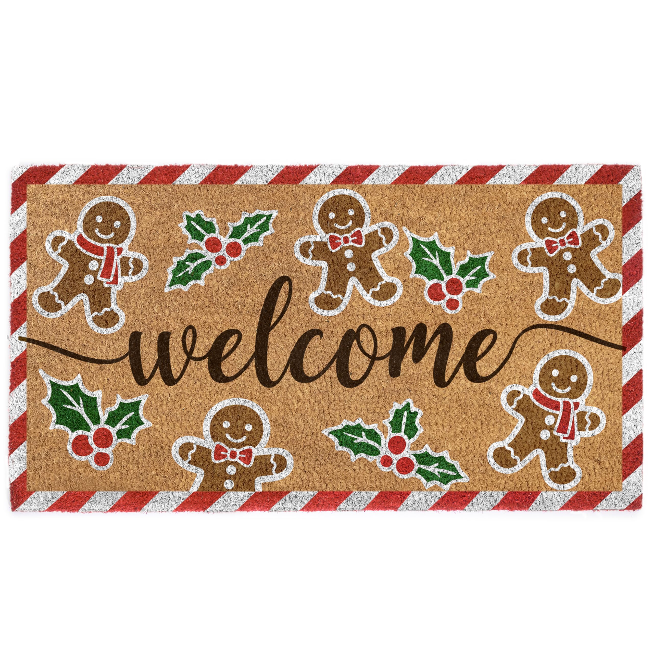Christmas-themed doormat with gingerbread men and holly leaves on a striped border.