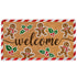 Christmas-themed doormat with gingerbread men and holly leaves on a striped border.