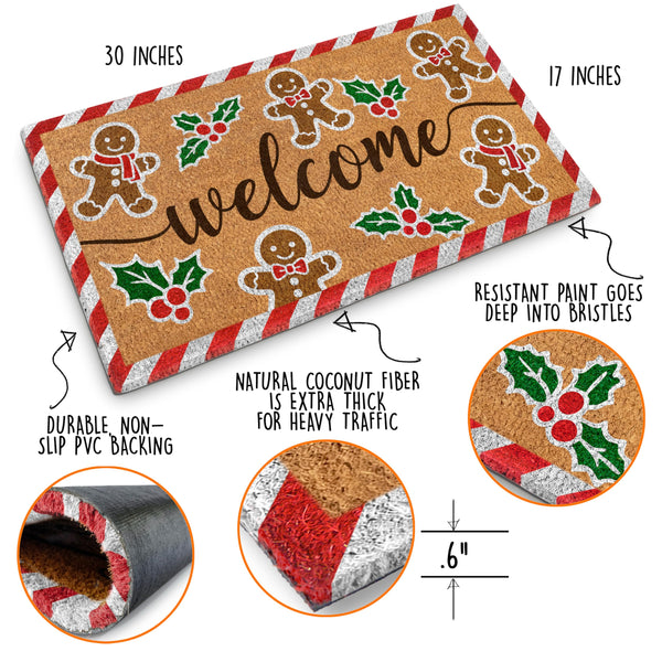 Christmas-themed doormat with gingerbread men and holly design, featuring measurements and material details.