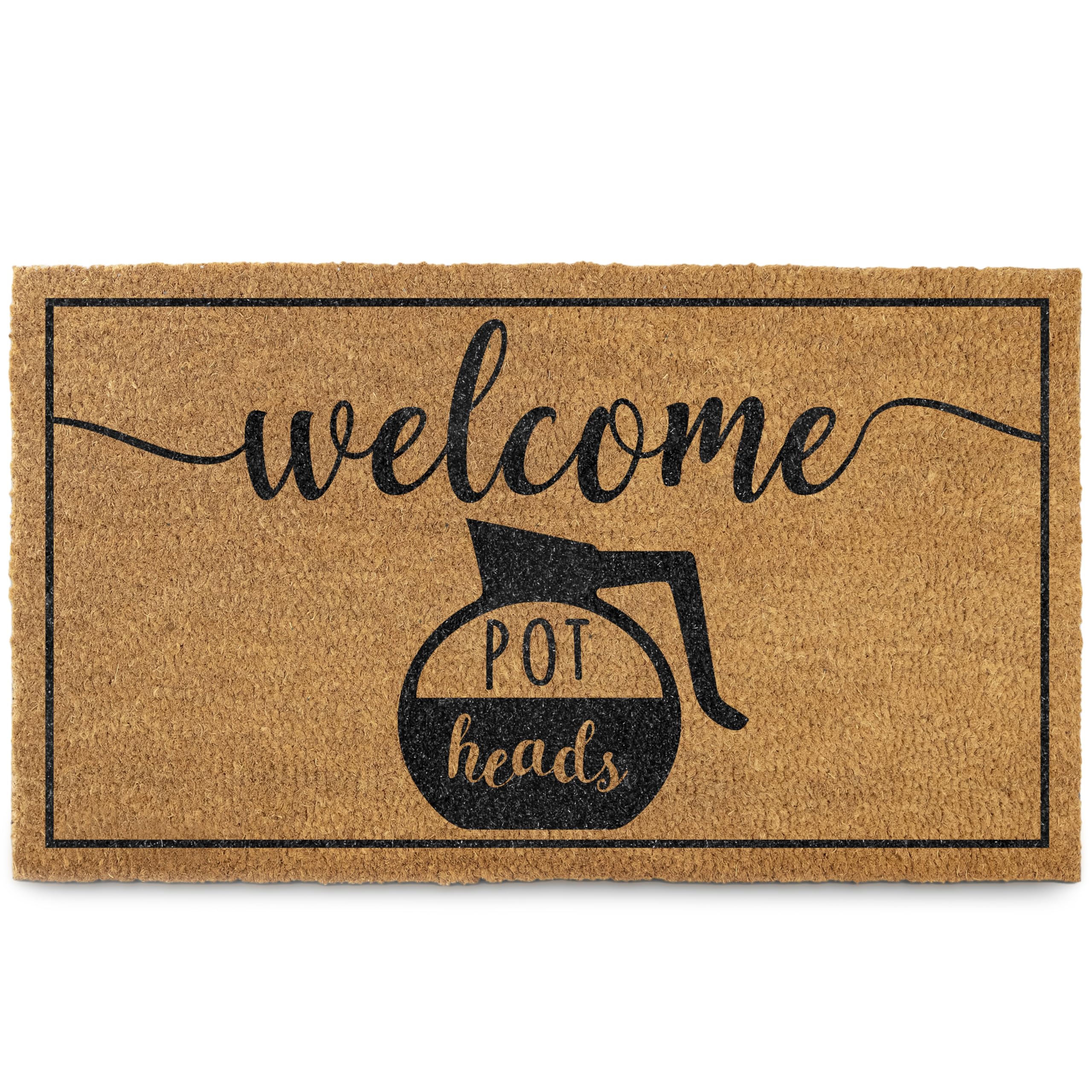 Doormat with 'welcome pot heads' text and coffee pot graphic on a white background