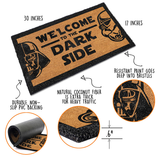 Doormat with 'Welcome to the Dark Side' text and Star Wars character graphics, featuring product details.