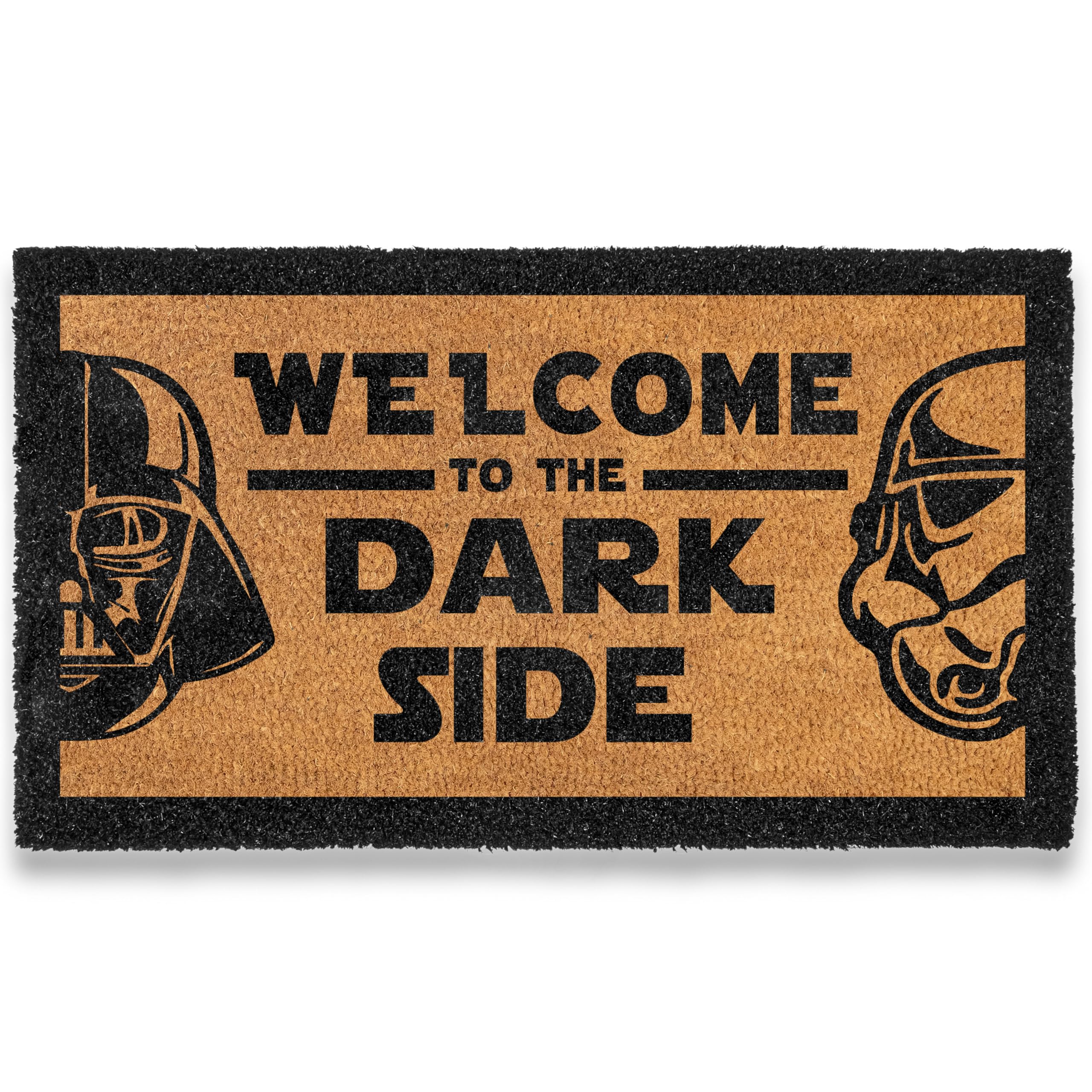 Doormat with 'Welcome to the Dark Side' text and stormtrooper helmets on a white background