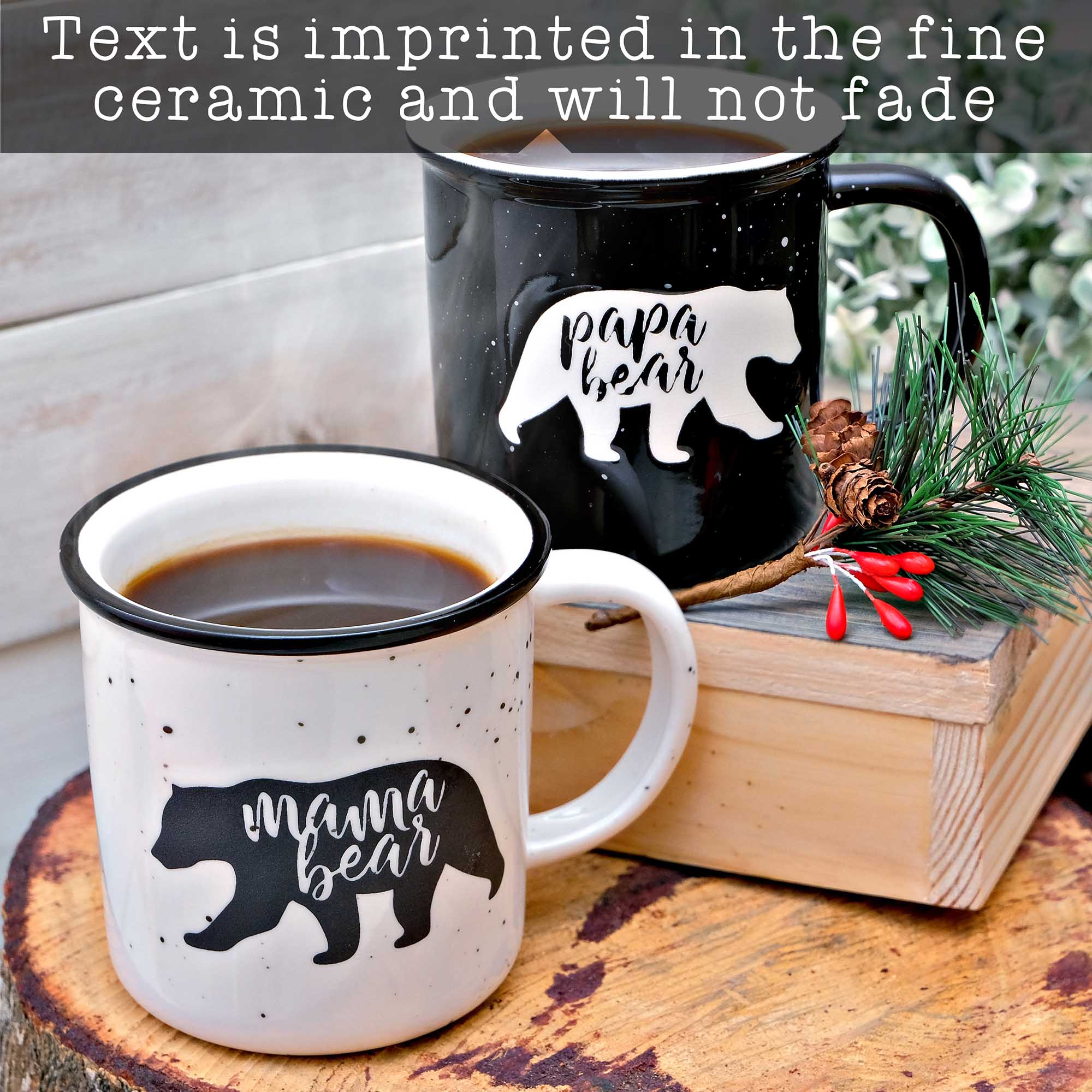 Set of 2 Papa Bear Mama Bear White & Black Ceramic Mug Cup Coffee Tea Cup  NEW