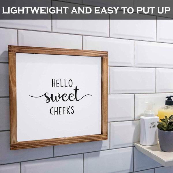 hello sweet cheeks bathroom sign framed 12x12 inch