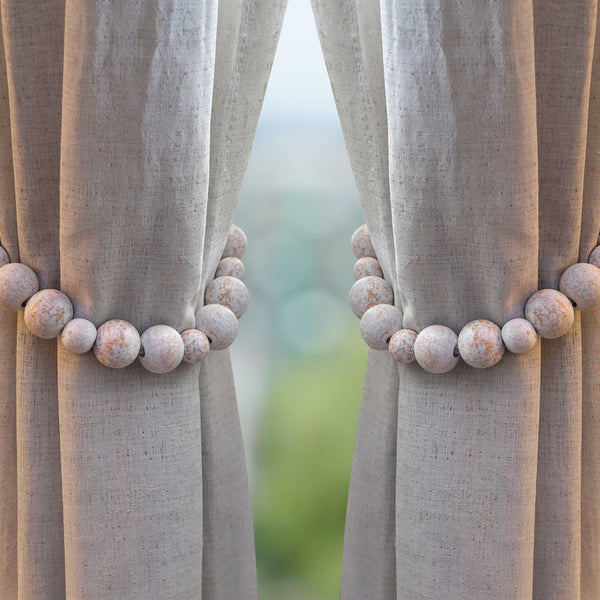 wood bead curtain tieback set of 2 white washed