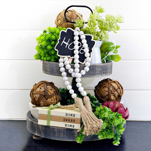 black farmhouse two tiered tray with beads