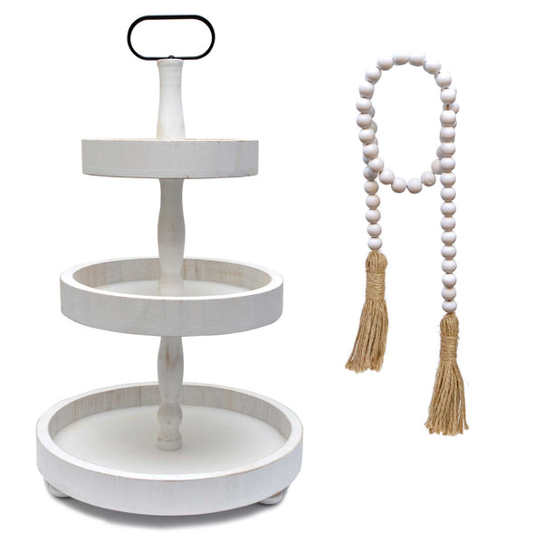 3 tiered tray with bead garland white