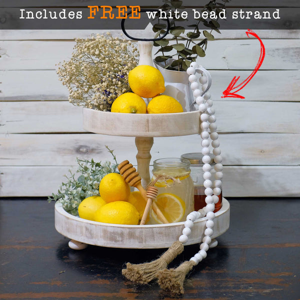 white farmhouse two tiered tray with beads